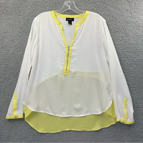 Cartise Long Sleeve V Neck Zipper Blouse White Yellow Semi Sheer Women's 4