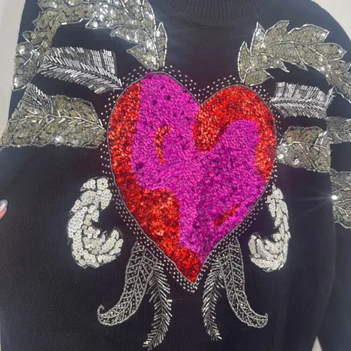 Semplice Sweater Women M Black 100% Wool Sequined Beaded Heart Signed VTG 90's Size M