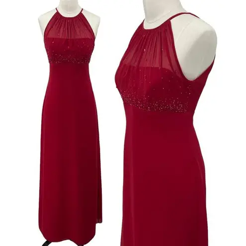 Vintage Y2k Beaded Evening Gown Maxi Dress Halter Neck Empire Waist Red Womens 0