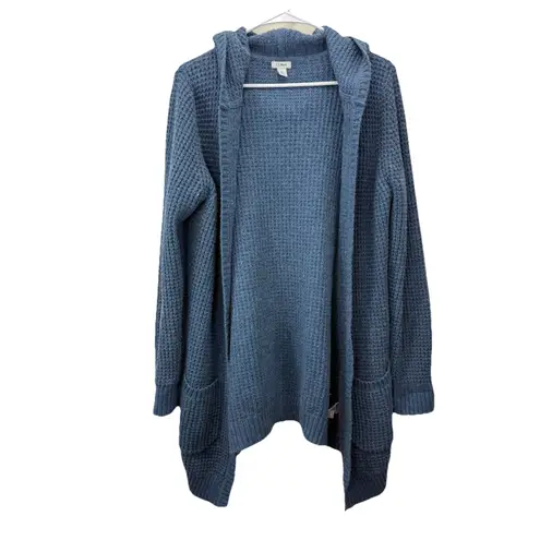 LL Bean Blue Waffle Stitch Hooded Open Cardigan Sweater Pockets Size MEDIUM