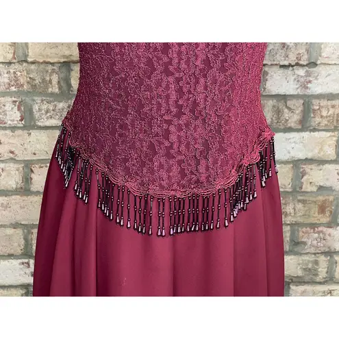 formal dress prom maroon wine red lace beaded fringe Size M