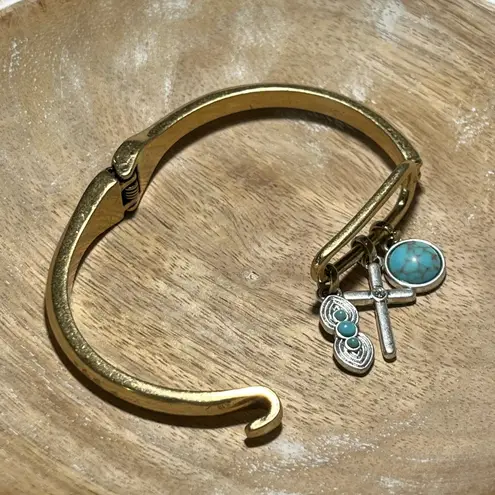 Lucky Brand  Gold Hinged Turquoise Charm Bangle Bracelet