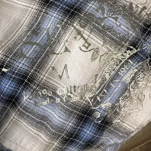 Seven7 Pleated Ruffle Blue Plaid Pearl Snap Button Front Long Sleeve Top Medium - Image 5