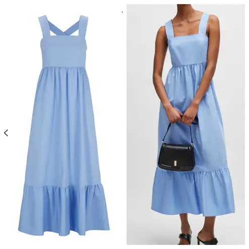 Boss Midi Dress Blue Stretch Twill Wide Crossover Straps Ruffle Skirt size 10