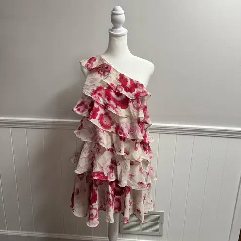 NEW Pearl Georgina Chapman Marchesa Ruffle One Shoulder Floral Mini Dress 8 NWT Pink