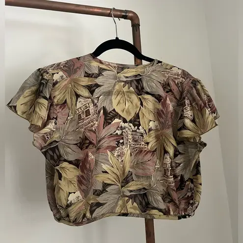 American Vintage Open Short Sleeve Top Blouse With Silk Vintage Leaf Print