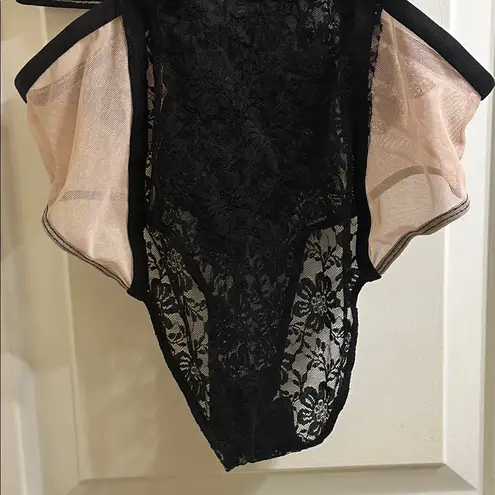 French affair Lace & Mesh Caged Body Suit NEW Black Tan Large