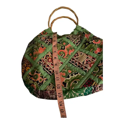 Vintage Handmade quilted patchwork hobo bag rattan handle water resistant lining Green