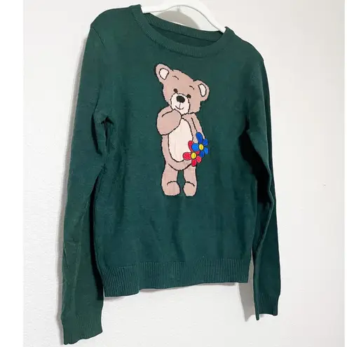 Womens Kidcore Teddy Bear Crewneck Floral Knit Graphic Sweater Size L Green Size L
