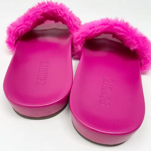 Schutz Hot pink faux fur furry Boss Babe sandals slides slippers shoes 6.5 new