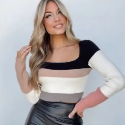 Lane 201 Size M Square Neck Ribbed Knit Sweater Crop Neutral Wide Stripe Fall