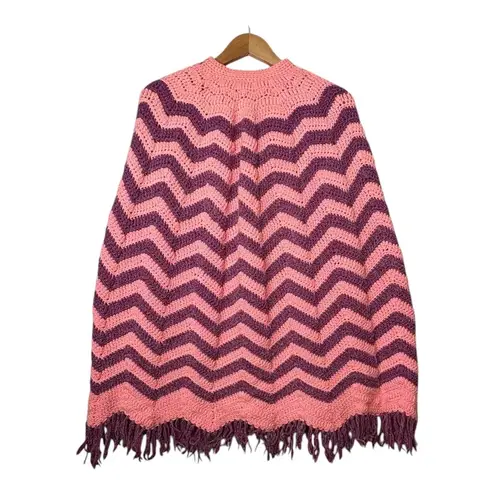 Vintage Pink Purple Chevron Crochet Fringe Cape Poncho Cardigan One Size Size undefined