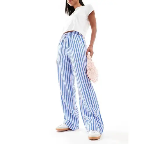 Bershka tie waist wide leg linen look trousers in blue & pink stripe Size M