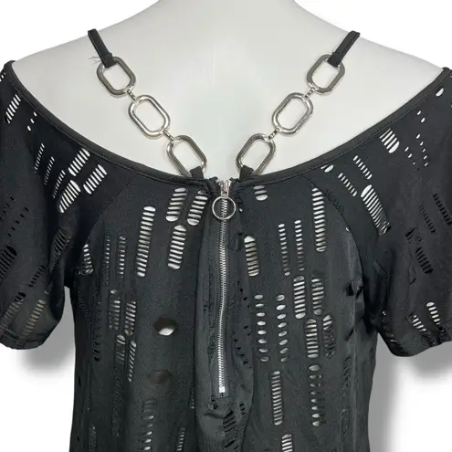 Womens Tunic Top Shirt Distressed Shredded Design Off Shoulder Chain Straps 2X Black