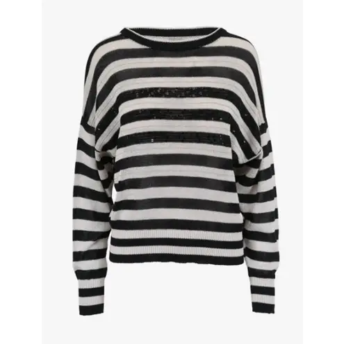 Brunello Cucinelli Wide Striped Crewneck Sequin Embellished Sweater w/ Monili