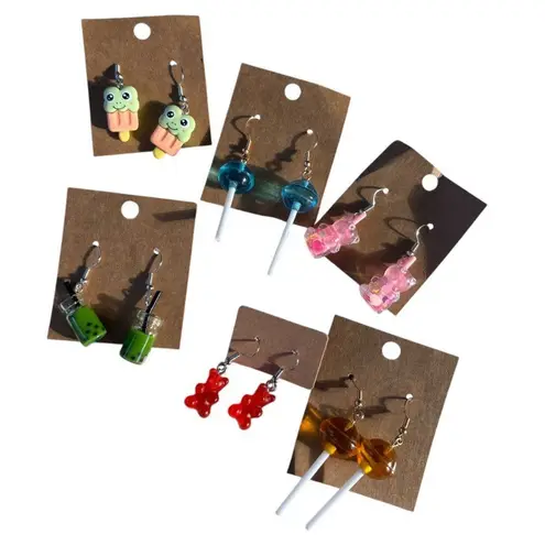 Handcrafted Novelty Dangle Earrings Set Of 6 Pairs With Cute Animal & Candy Desi Pink