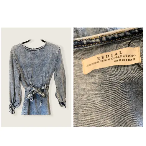 Redial Vintage Acid Wash Denim Collection Puff Sleeve Belted Dress (S)