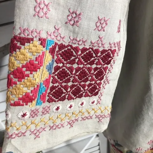 Johnny Was Kimono Drape Cardigan Embroidered Boho Aztec Linen Multicolor Sz M