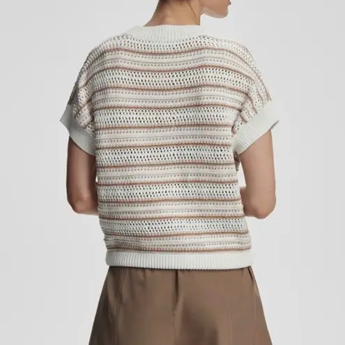Varley Ciara Stripe Knit Top Cottom Blend Ivory Tan Short Sleeve Croche Women S