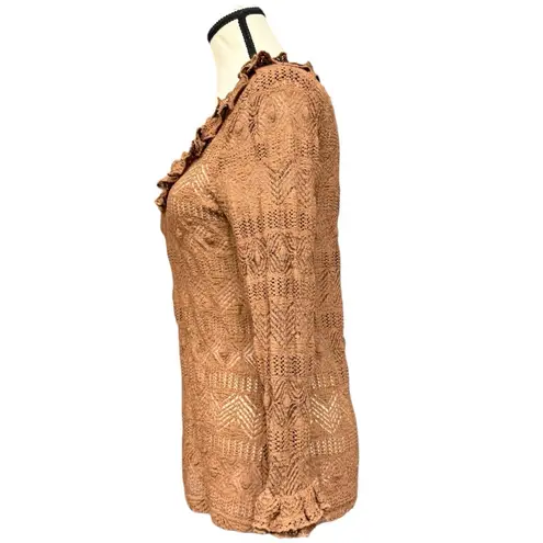 Oscar de la Renta Brown Crochet Knit Top Ruffle Collar Sleeves Small Y2K Vintage