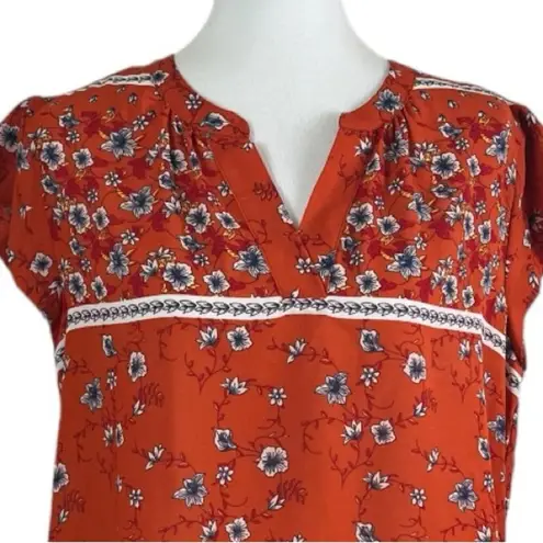 Liz Claiborne  Women’s Blouse V-neck Short Sleeves Orange White Floral Size Large