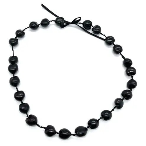 Vintage Genuine Kukui Nut Necklace Black Hawaiian Lei Ribbon Wedding Graduation