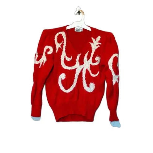 VINTAGE Christine Women’s L Sweater Red White Long Puff Sleeve V Neck Knit Size L