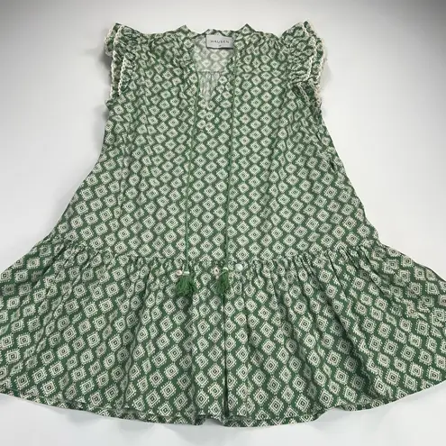 Hausen Aztec Diamond Print Cap Sleeve Ruffle Hem Mini Dress Green White Size M Size M