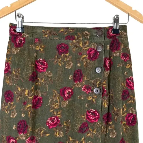 Jantzen Vintage 90s Floral Corduroy Midi Skirt by in Green Pink Moody Floral, XS