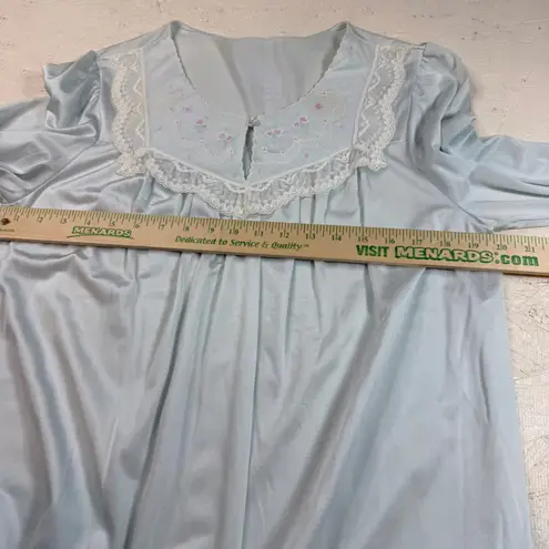 Shadowline Vintage Long Sleeve Nylon Nightgown Lace Trim Embroidered Blue L Size undefined
