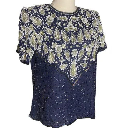 Laurence Kazar Vintage Lawrence Kazar Navy Blue
Beaded Silk Paisley Top PM