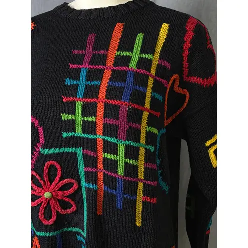 Vintage 1993 RIR Hong Kong Sweater Neon Embroidered Flowers Abstract Art M/L Black Size M