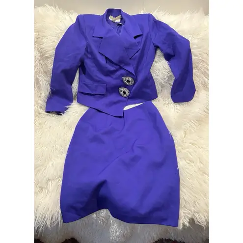 LULU BRAVO Vintage Purple Gabardine Jacket & Skirt Large Rhinestone Buttons Sz 4
