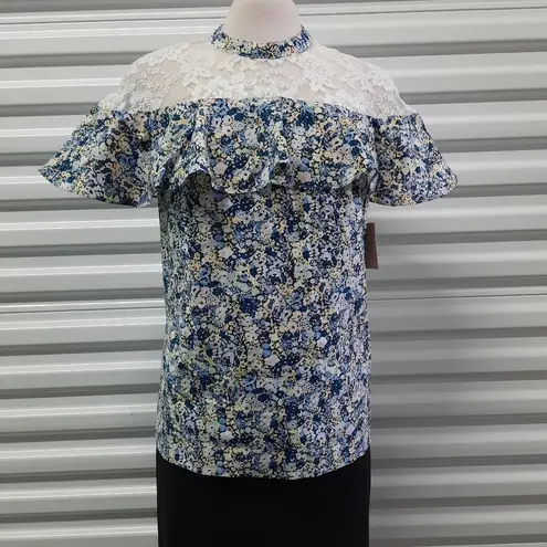 Belle Sky Belle & Sky Top Women's Size Small Blue Floral Boho Ruffled Lace Casual Blouse