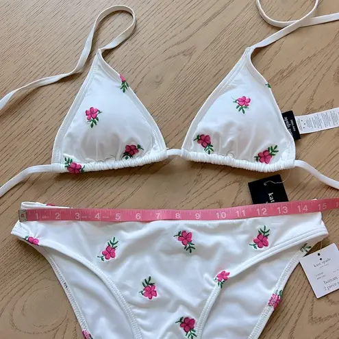 Kate Spade NWT  White String Bikini Set Hot Pink Embroidered Floral Print Medium