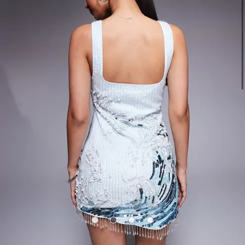 ASOS  DESIGN square neck embellished wave mini dress in blue