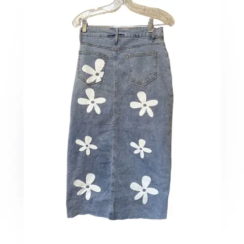 Y2K Daisy Print Denim Skirt | Raw Hem Midi Blue Jean Skirt S