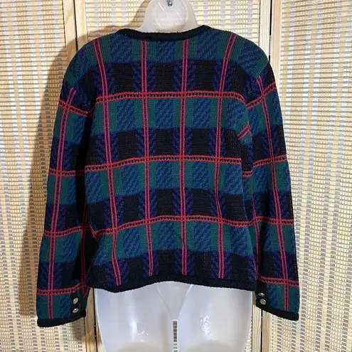 Tally Ho Vintage 1990s Y2K Plaid Tartan Button Down Cardigan Sweater Wool Medium Green