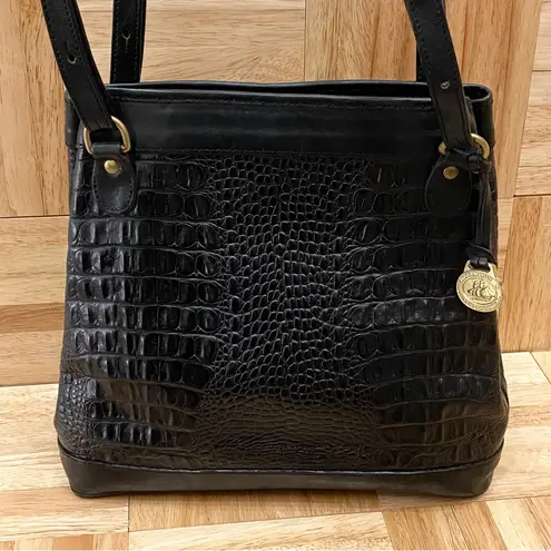 Brahmin Vintage Black Embossed Croc Leather Double Strap Bucket Shoulder Bag