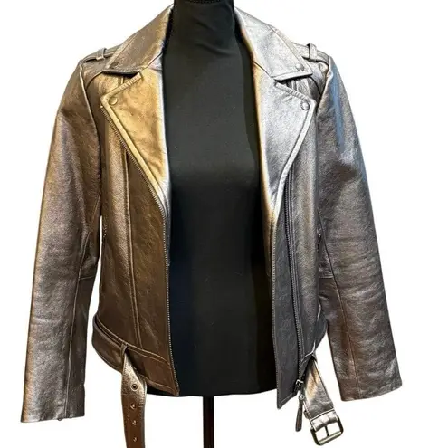 Mackage x Aritzia Metallic Gray Lamb Leather Moto Biker Jacket Small Chic Edgy