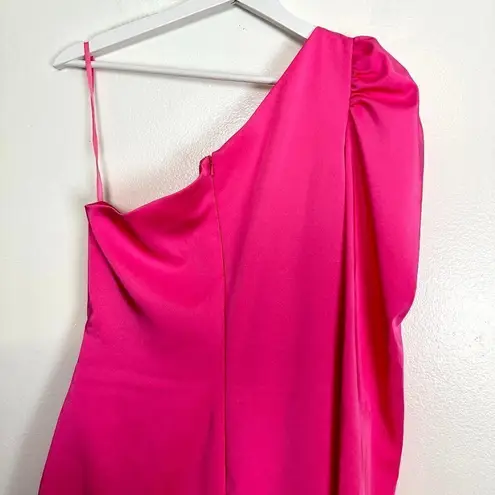 Mac Duggal Feather Trim One-Shoulder Long Sleeve Minidress Candy Pink Size US 4