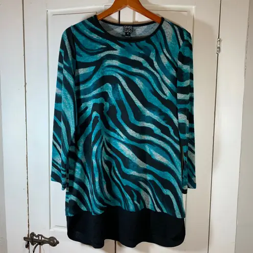 Clara Sun Woo Teal Black Zebra Print Long Sleeve Tunic Top Womens Medium M Blue