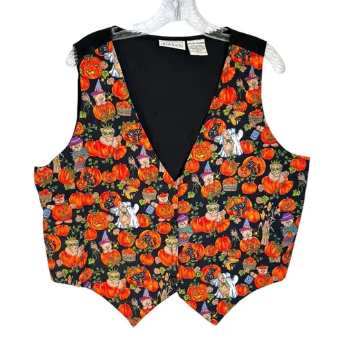 Vintage Womens Halloween Print Vest Sz L Button Front Festive Holiday Black Size L