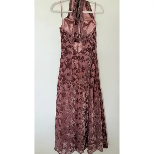 Revelry Athena Dusty Rose Floral Burnout Velvet Halter Bias Cut Formal Dress 6 Pink