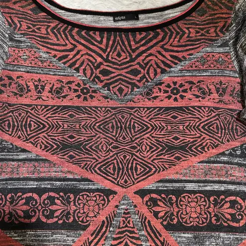Elegant Gray and Red Patterned Long Sleeve Top Black Size L
