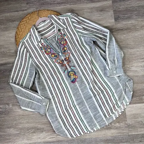 Soft Surroundings striped embroidered gauze cotton tunic blouse w/ pockets