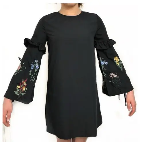 Rebellion Cotton Embroidered Dress Mini Black Floral Y2K Cottagecore Fairy Whimsi Goth