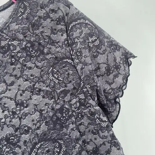 Y2K Top Large Short Sleeve 2000s Lace Print Rhinestones Babydoll Bratz Vintage Black