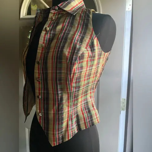 Vintage Limited sleeveless silk taffeta plaid button down blouse, size XS