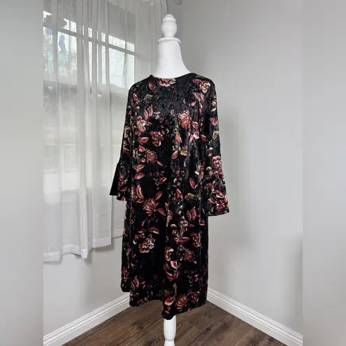 Alison Andrews Black & Pink Velvet Floral Print Long Sleeve Knee Length Dress